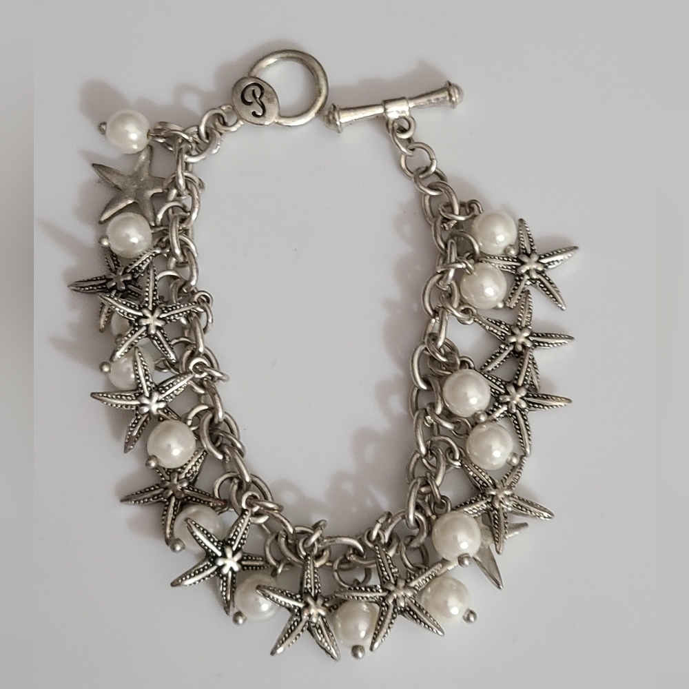 Vintage premier designs starfish pearls bracelet charms silver toggle clasp